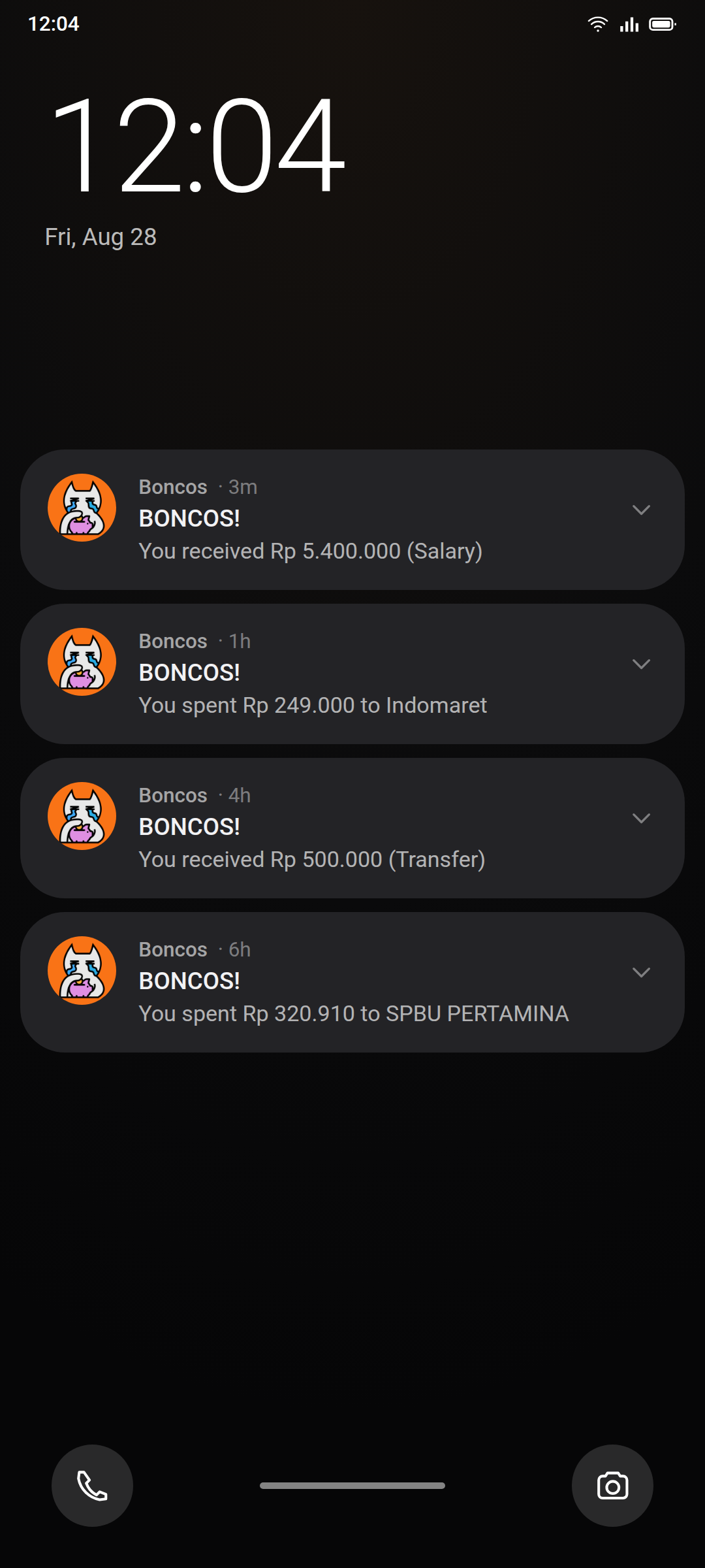 An Android lock screen showing four Boncos notifications, each reporting one transaction, the newest three minutes old