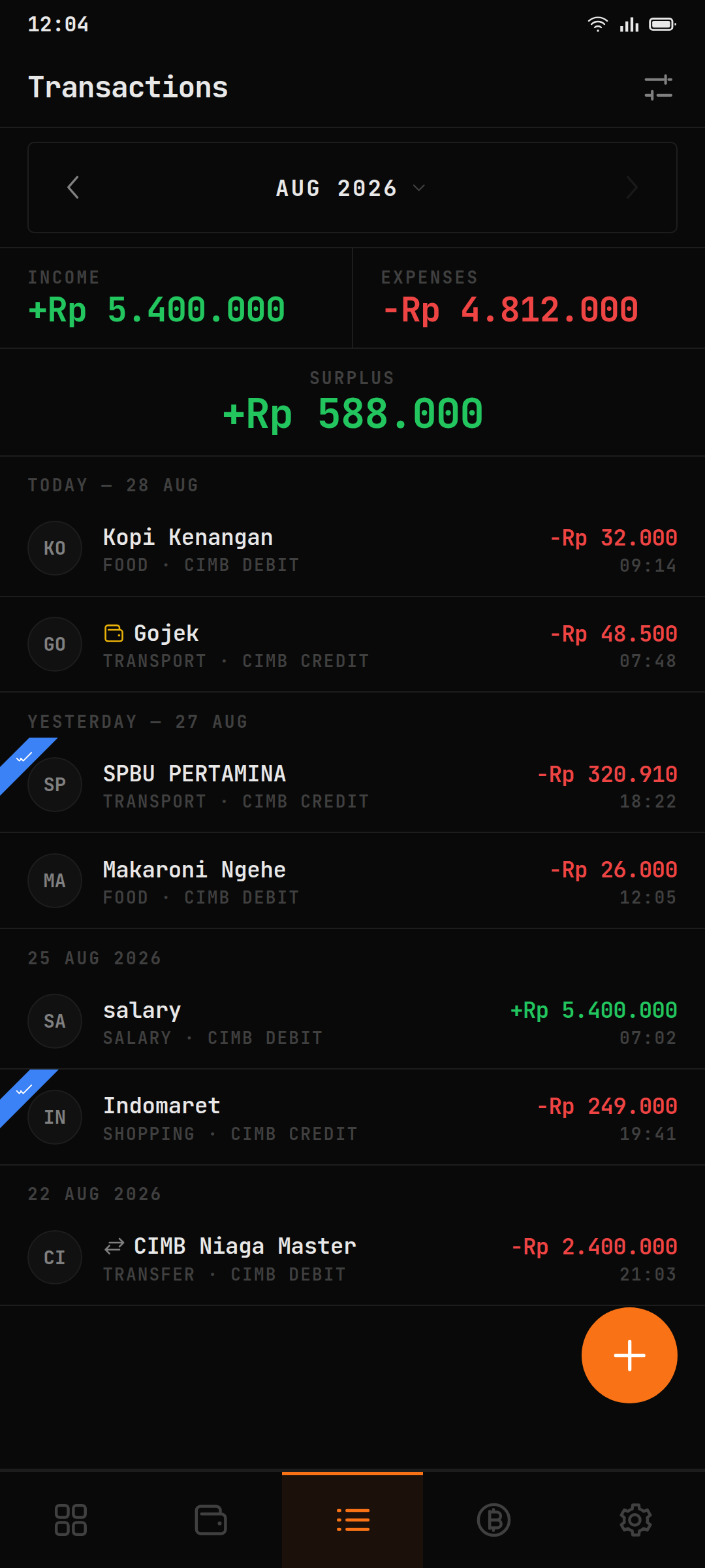 The transaction list grouped by day, with an amber wallet icon flagging a row whose account could not be resolved, and a blue ribbon marking two rows confirmed against the bank statement